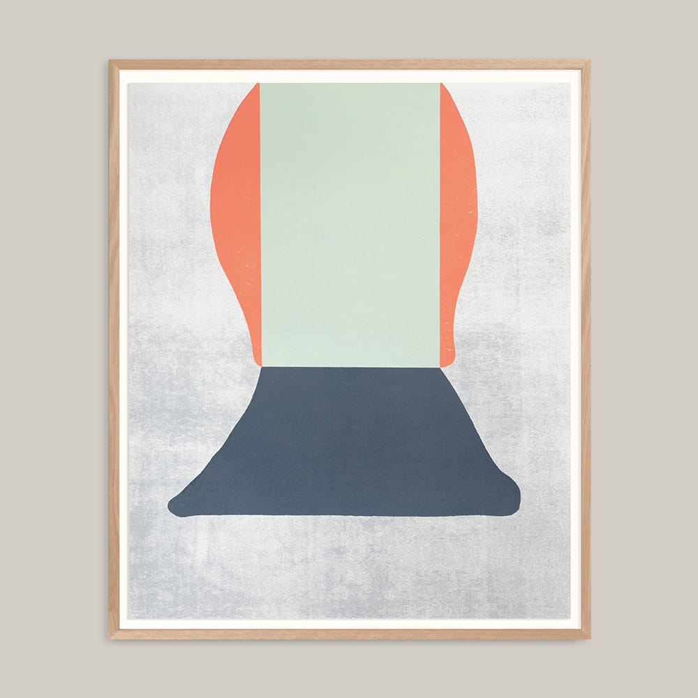 Original David Band artwork Self Portrait no 2 from 2010. A minimalist abstract monoprint featuring stacked geometric shapes in seafoam green, coral, and slate blue on a textured grey background.