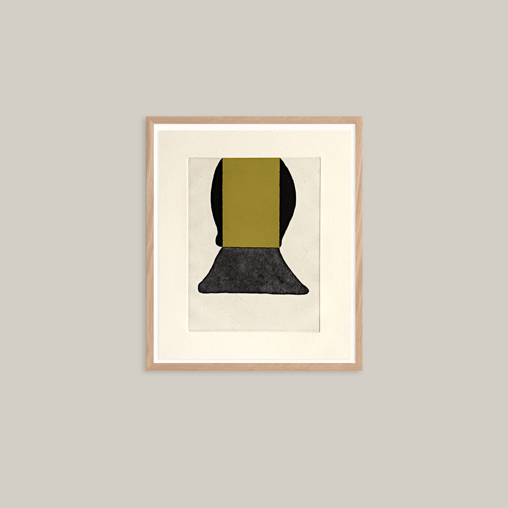 David Band original etching Self Portrait green 2010 featuring olive and black abstract silhouettes on archival paper unframed studio archive collection 29 x 25cm